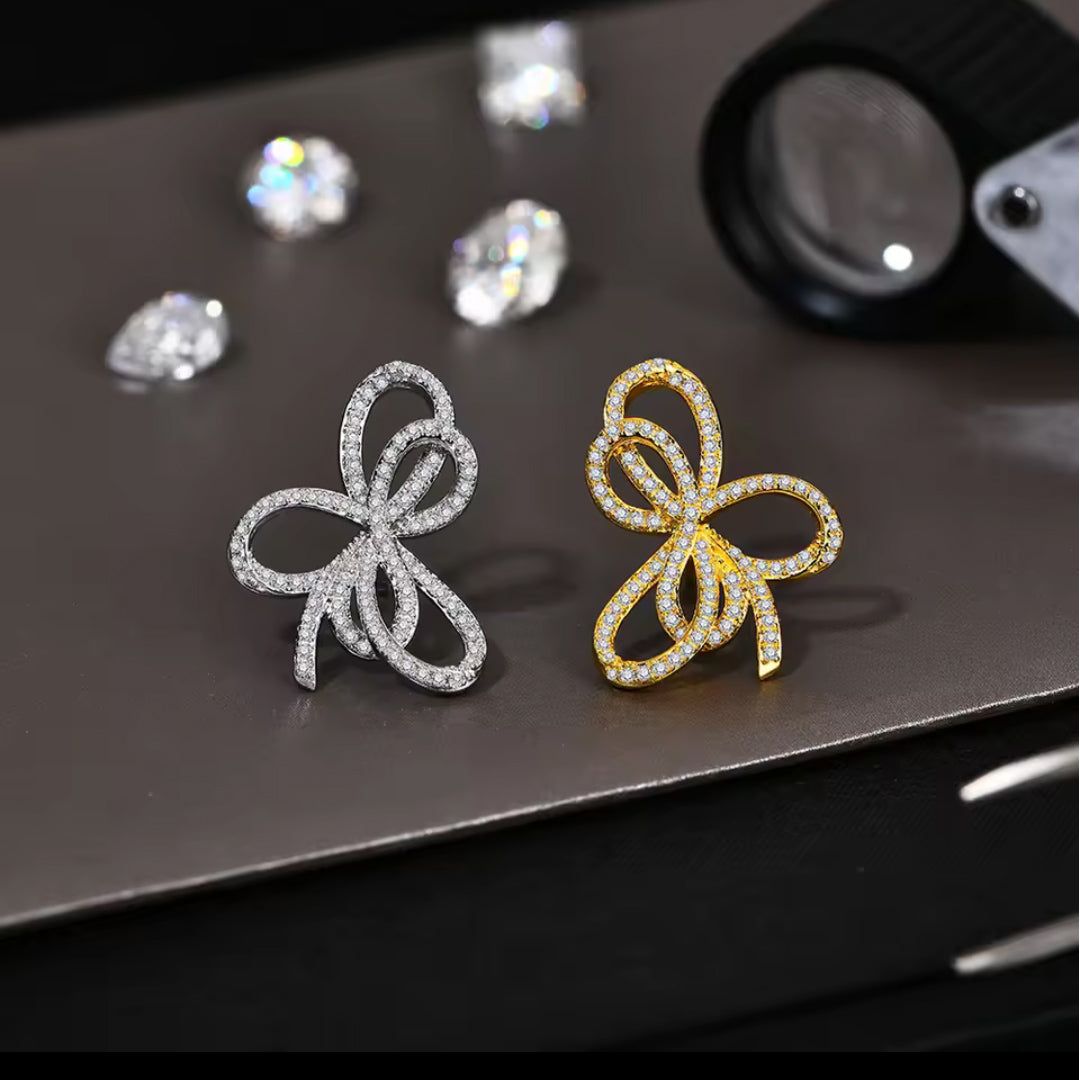 Graffy Bow Knot Moissanite Stud Earrings 14K White Gold Plated Silver