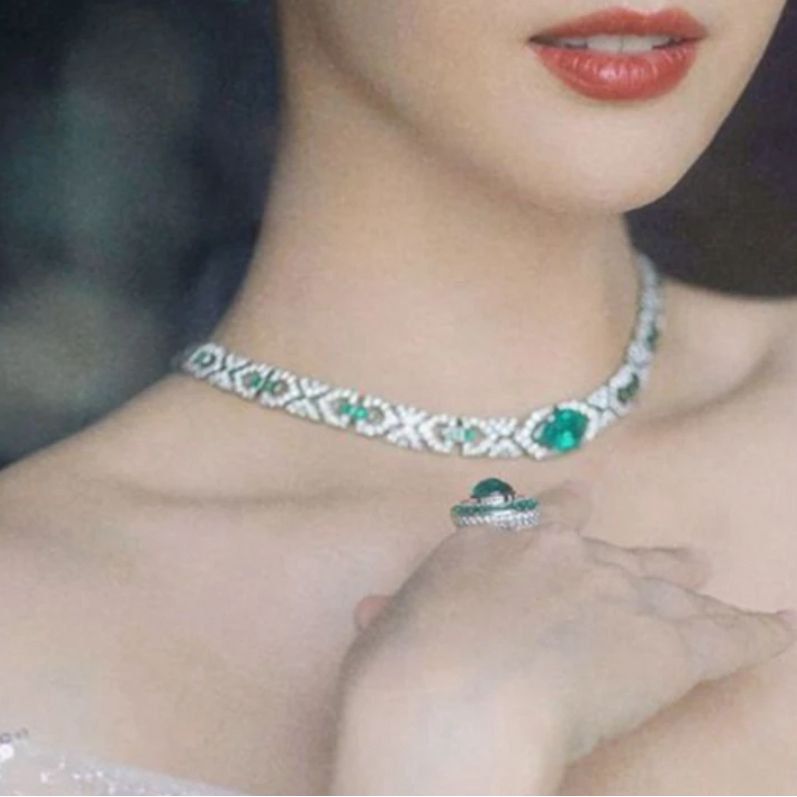 Emerald Elegance Sterling Silver High Carbon Diamond Necklace