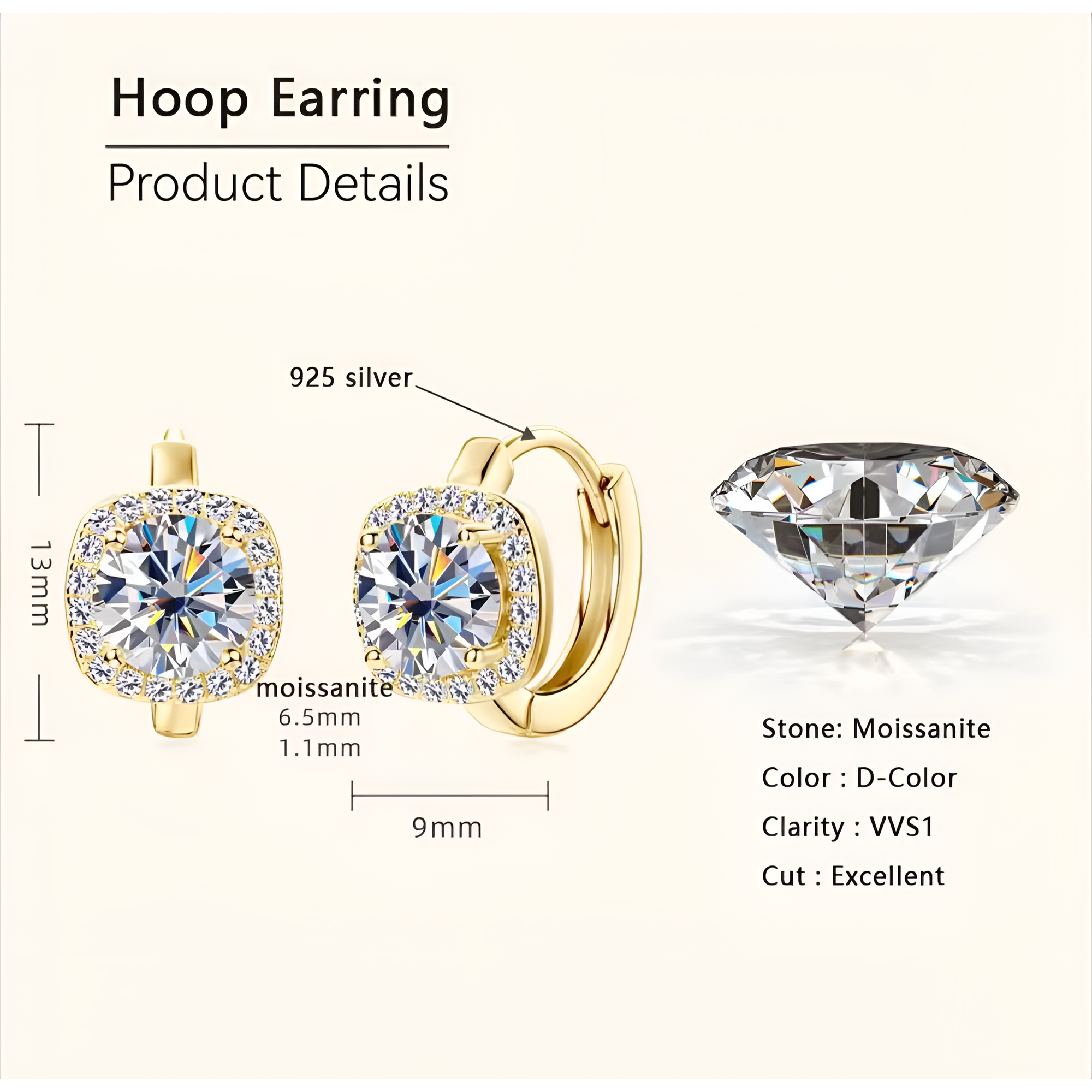 Grace 1 ct Moissanite Hoops in 14K Gold Plated Silver