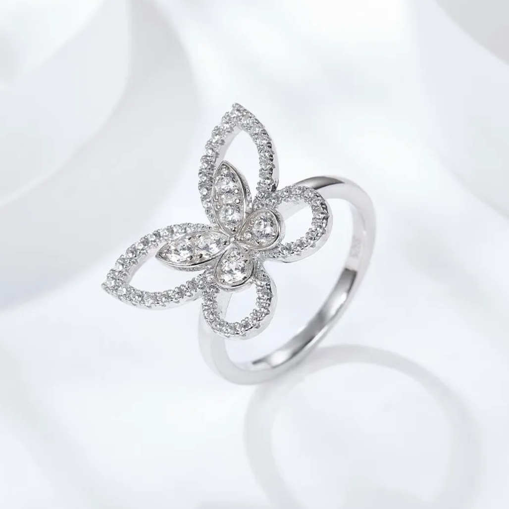 Butterfly Moissanite Diamond White Gold Plated Ring