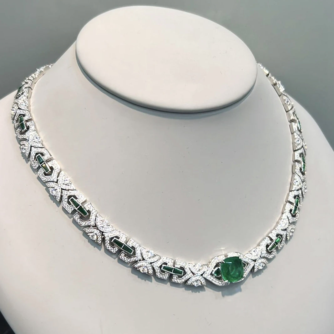 Emerald Elegance Sterling Silver High Carbon Diamond Necklace