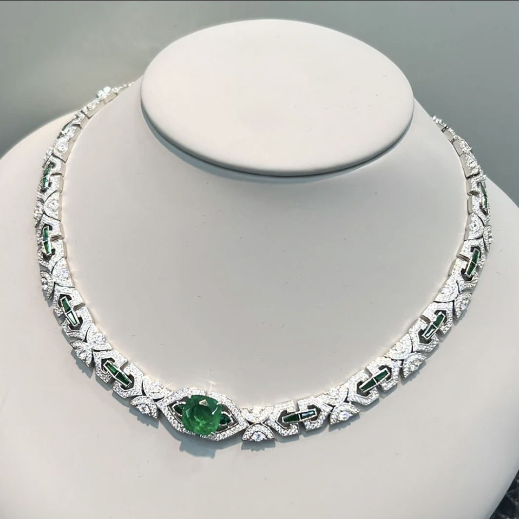 Emerald Elegance Sterling Silver High Carbon Diamond Necklace