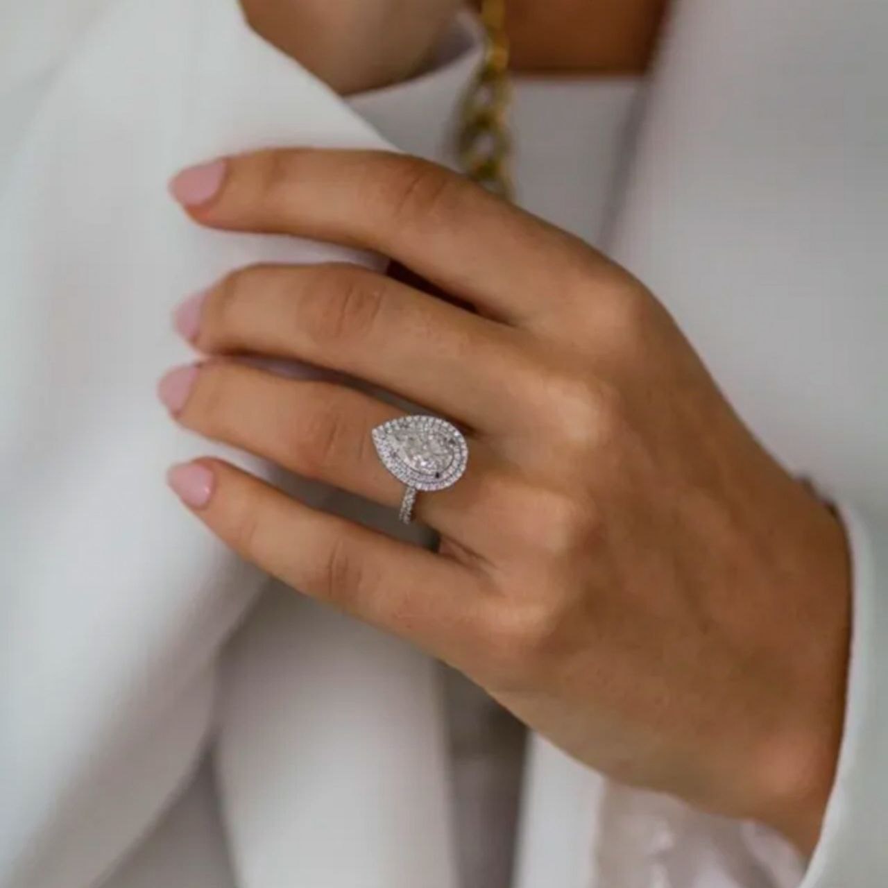 Lumière Pear Moissanite Solid Gold Double Halo Ring