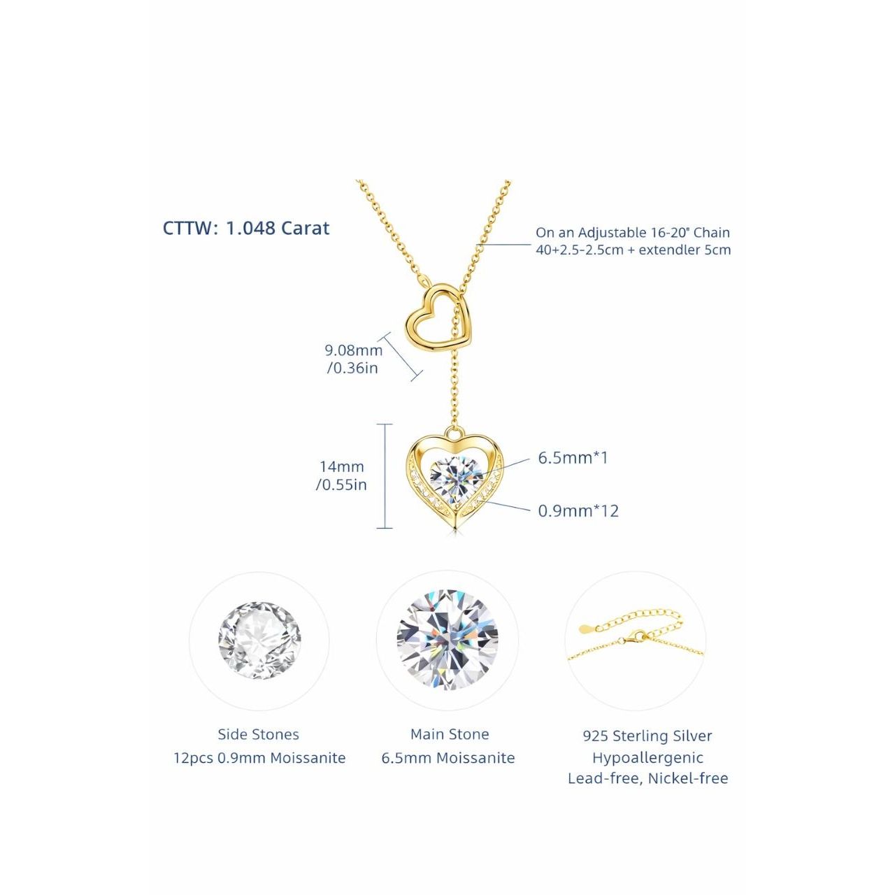 Valentine Heart Moissanite  Necklace Adjustable Pendant