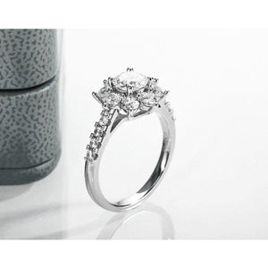 Moissanite Diamond Flower Halo Ring in Gold Plated Silver - VANITYDIAMONDS