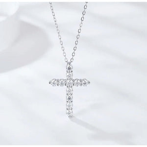 Silver Moissanite Cross Necklace with Box Chain - VANITYDIAMONDS